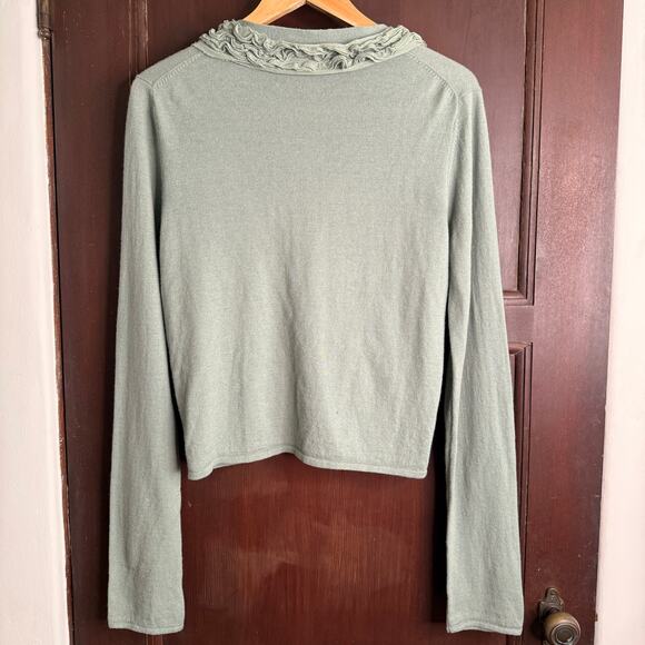 MOTH | Anthropologie Sage Green Wool Cotton Silk Ruffle Trim Cardigan | Large - Picture 2 of 6